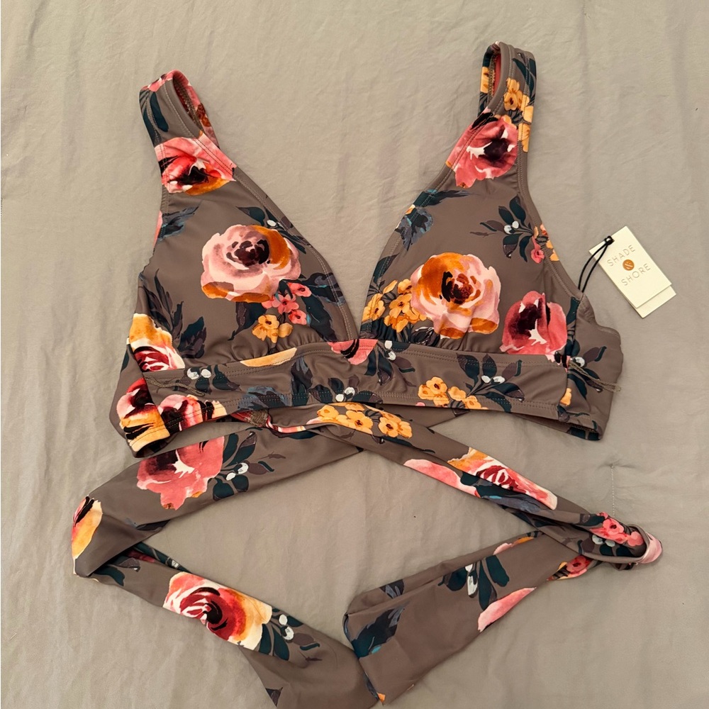Shade & Shore Floral Bikini Top with Pink and Orange Accents